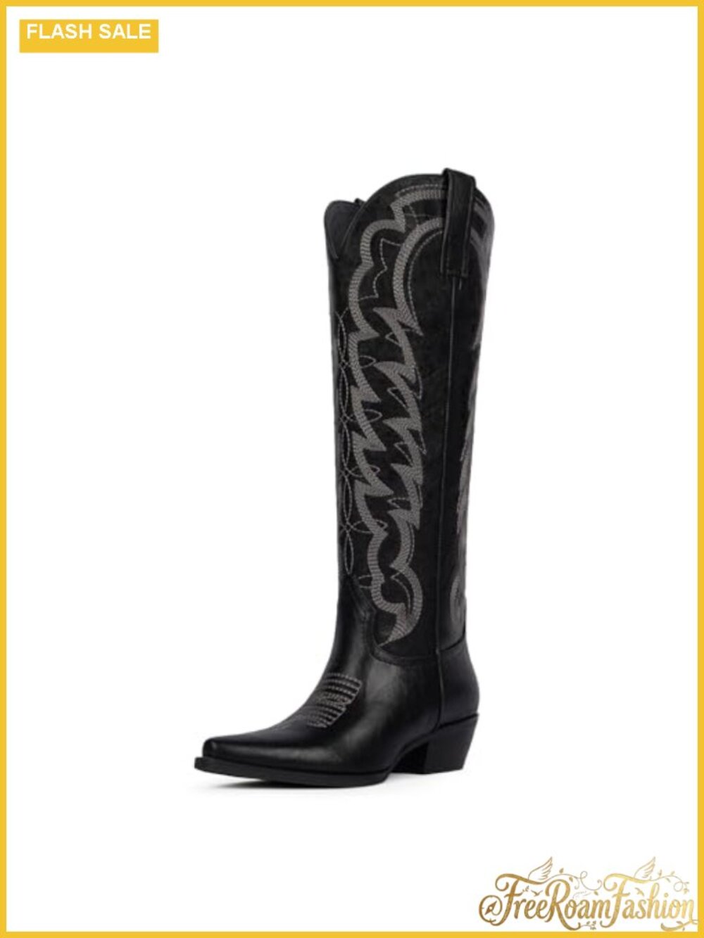 Knee High Western Cowboy Boots Pointed Toe Chunky Heel Pull On Zipper